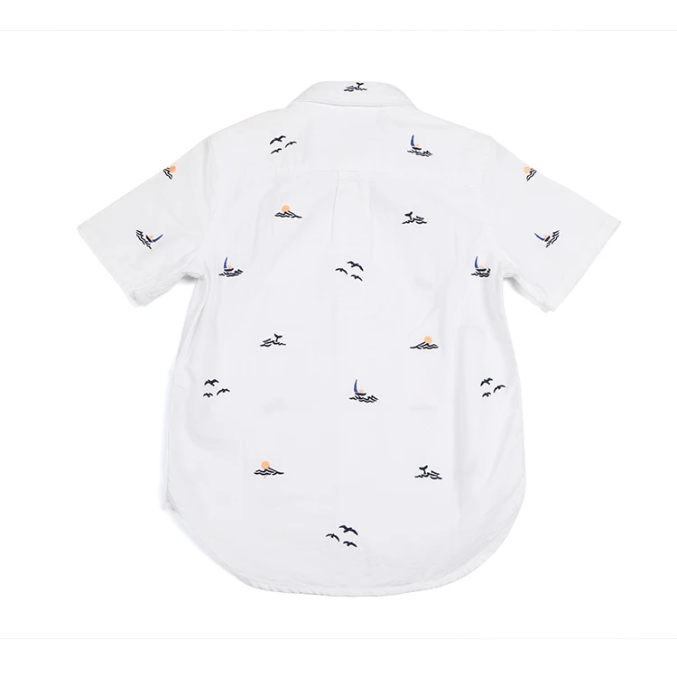 
High quality trendy summer short sleeve 100% cotton woven white kid boy shirt with cute printing 