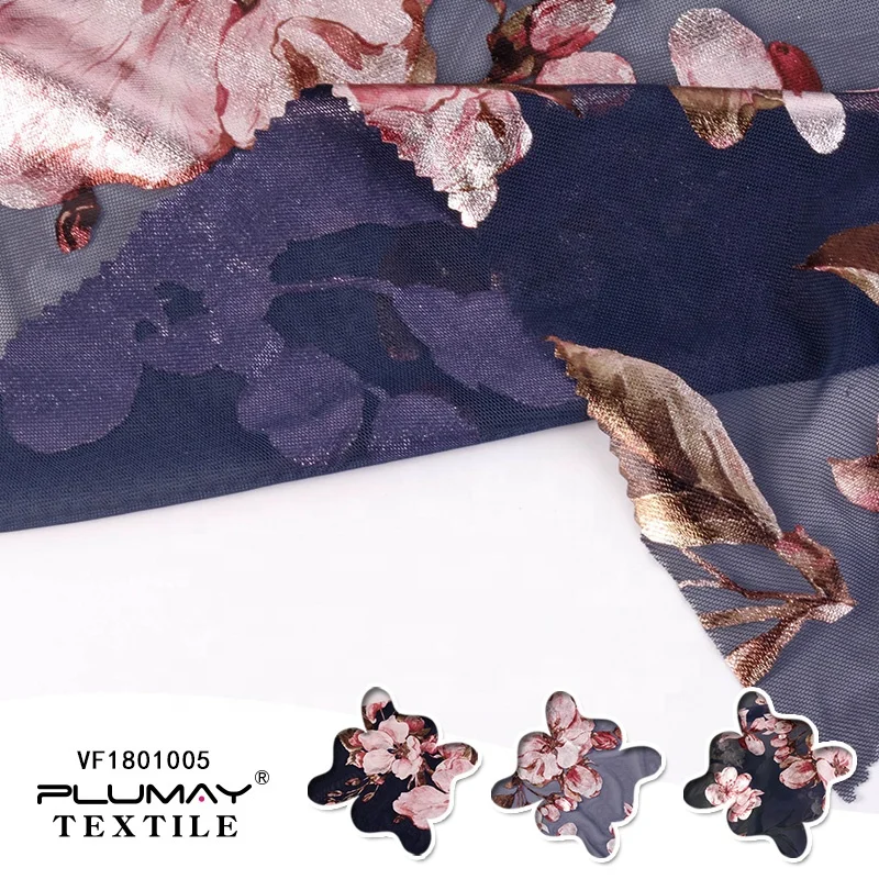 
china shaoxing mesh fabric polyester digital bronze printed flower for dress garment clothing textile custom elastic fashion 