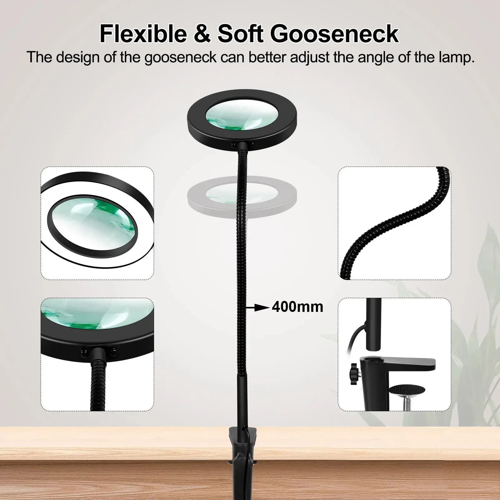 2 In 1 LED Magnifier Desk Lamp 5X Illuminated Magnifier USB 3 Colors LED Magnifying Glass with Stand Repair Read Holder Tools