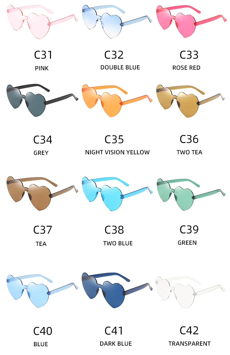 Custom rimless wedding favors color party eyewear one piece heart sun glasses red pink love heart shaped sunglasses wholesale