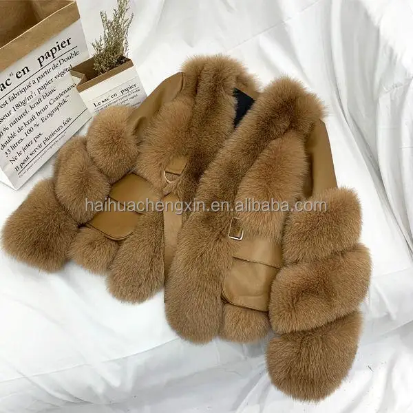 wholesale Winter custom Thick Warm women leather jacket with fox fur real fox and leader fur jacket