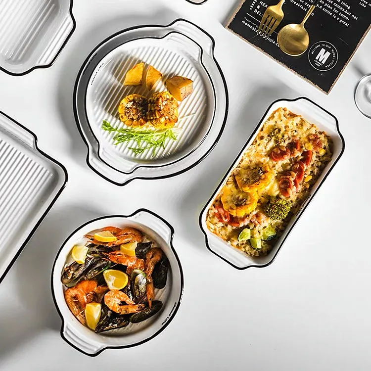 Creative design Nordic rectangle round cake bread porcelain baking pans white baking dish ceramic baking tray for oven