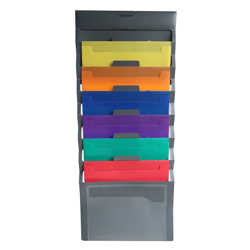 PP plastic hanging wall file organizer 6 pocket expanding folder with elastic band and a clear pocket on the front cover
