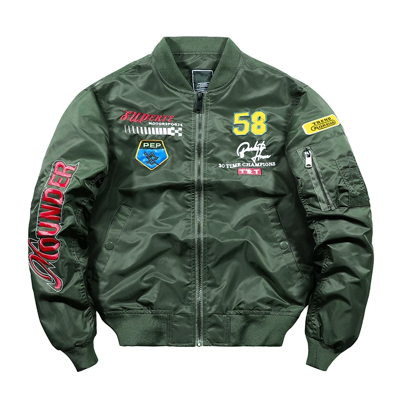 Stock Young Men Varsity Bomber Jacket Flight Aviator Pilot Jacket Quilted Embroidery Patches Outwear Coat for Spring Fall