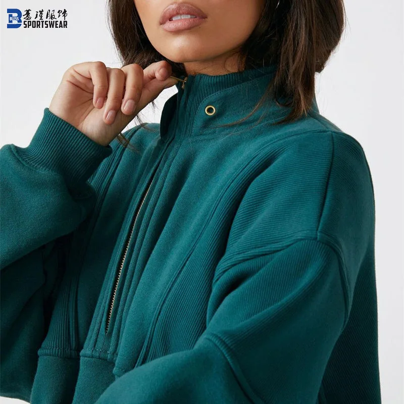 Custom Women Supplier Fall Heavyweight Pullover Warm Cotton Blank Cropped Oversized Crew Neck Jogging Zip Sweatshirt