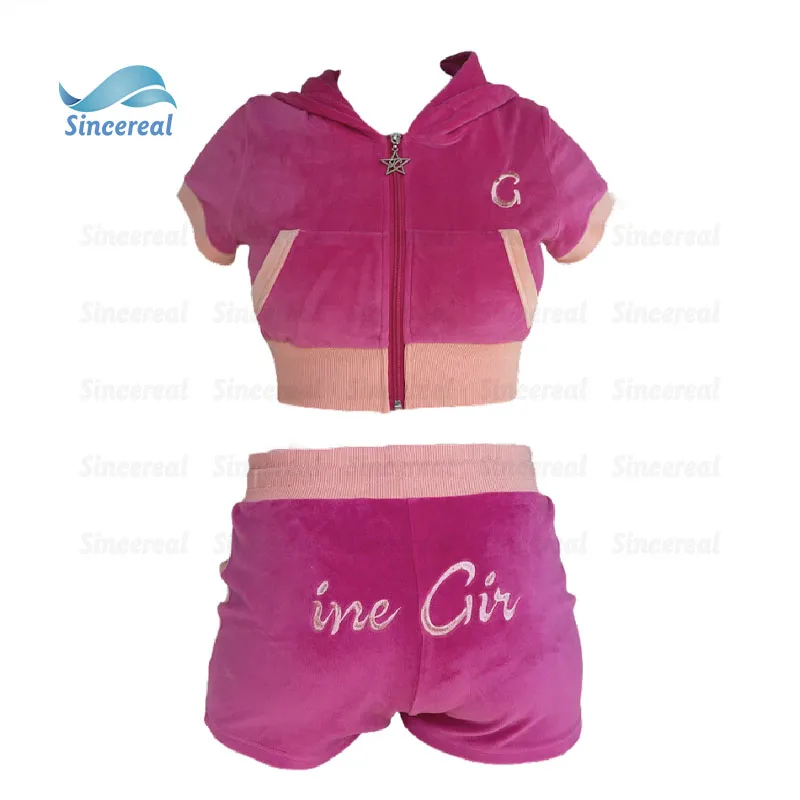 Custom y2k Ladies Two Piece Biker Shorts Sets Velvet Sweatsuits Embroidery Zip Up crop top Velour Tracksuits For Women