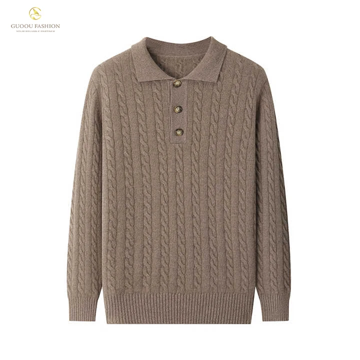 Guoou 100 Pure Cashmere Thick Fall Winter Cable Lapel Knit Polo Shirt Pullover Cashmere Sweater Men