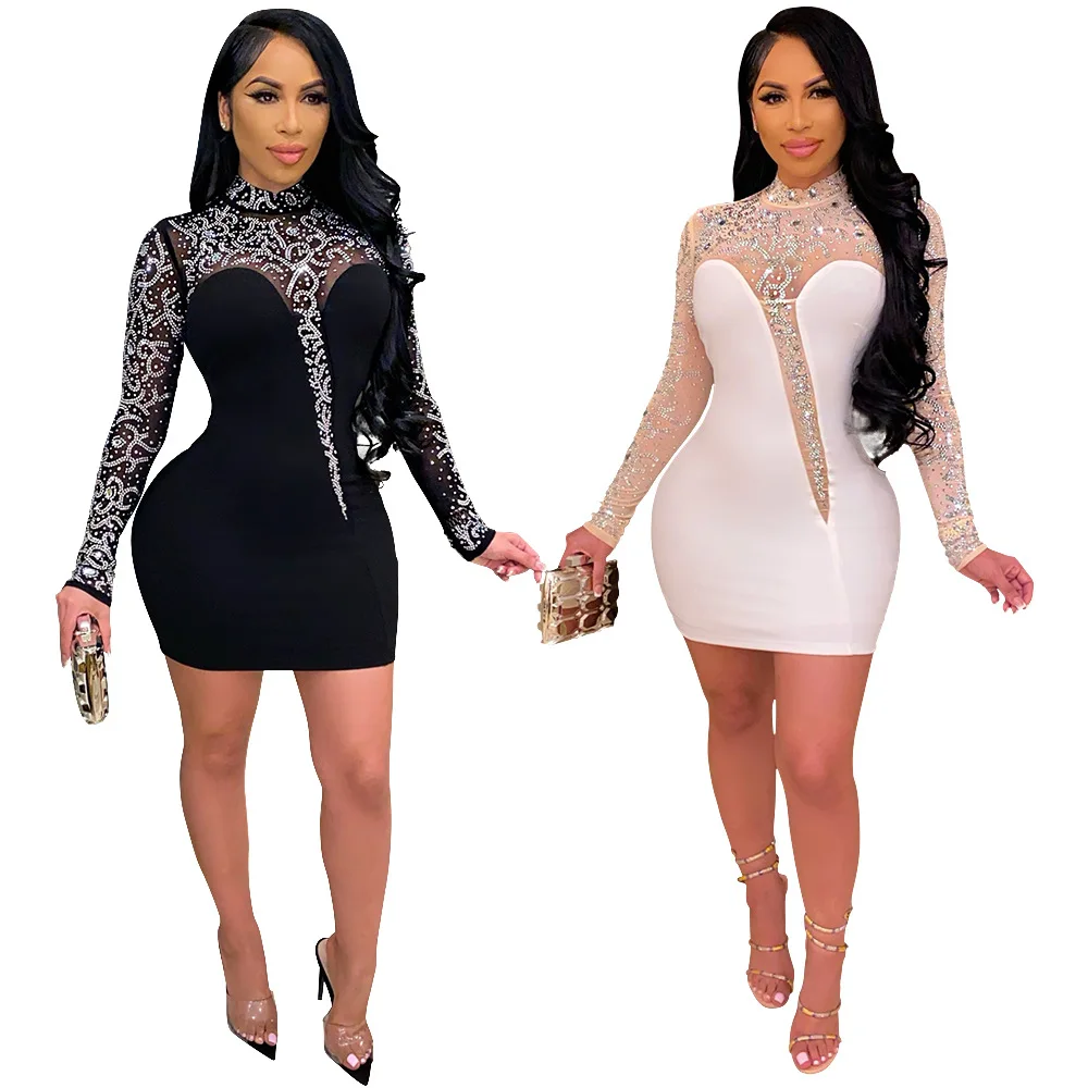 2021 Party Transparent Polyester Elegant Mesh Hot Diamond Stitching Maxi See Through Bodycon Sexy Night Club Dresses Women