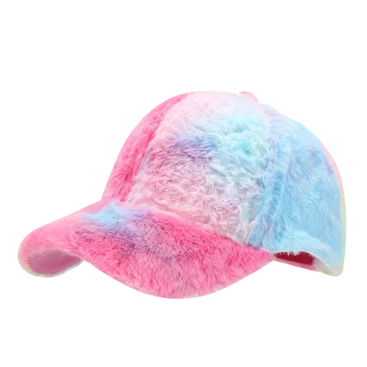 new designer women faux fur winter hats wholesale fashion rainbow color tie-dyed polyester 6-panel baseball cap custom