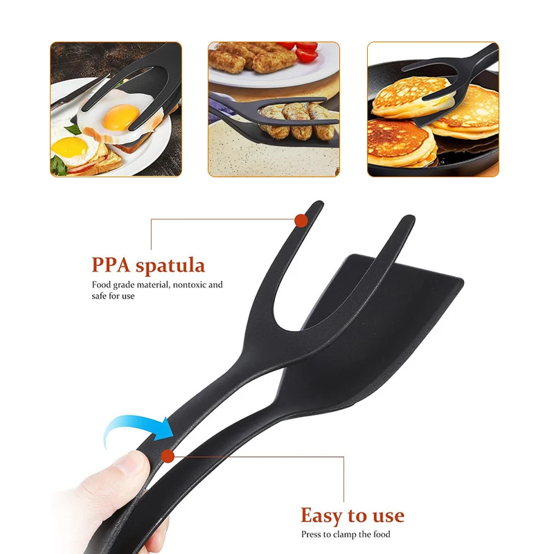 Kitchen Items Bread Clamp Barbecue Shovel Tongs Egg Steak  Nylon Grip Flip 2 in 1 Spatula