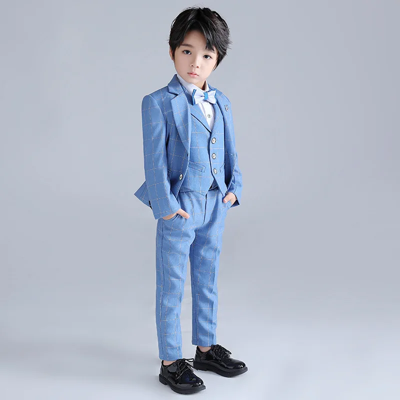 Custom made Boys three-piece Suit Sets formal wear kids light blue plaid suit