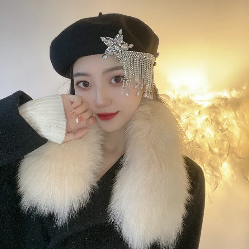 High Quality Fashion Versatile Female Rhinestone Light Luxury Solid Color Painter Hat Elegant Stewardess Cashmere Beret Top Hat