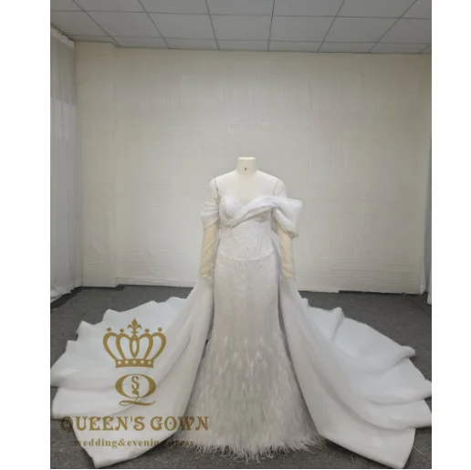 QUEENS GOWN latest custom luxury beaded mermaid bridal gown long sleeve detachable train feather wedding dresses