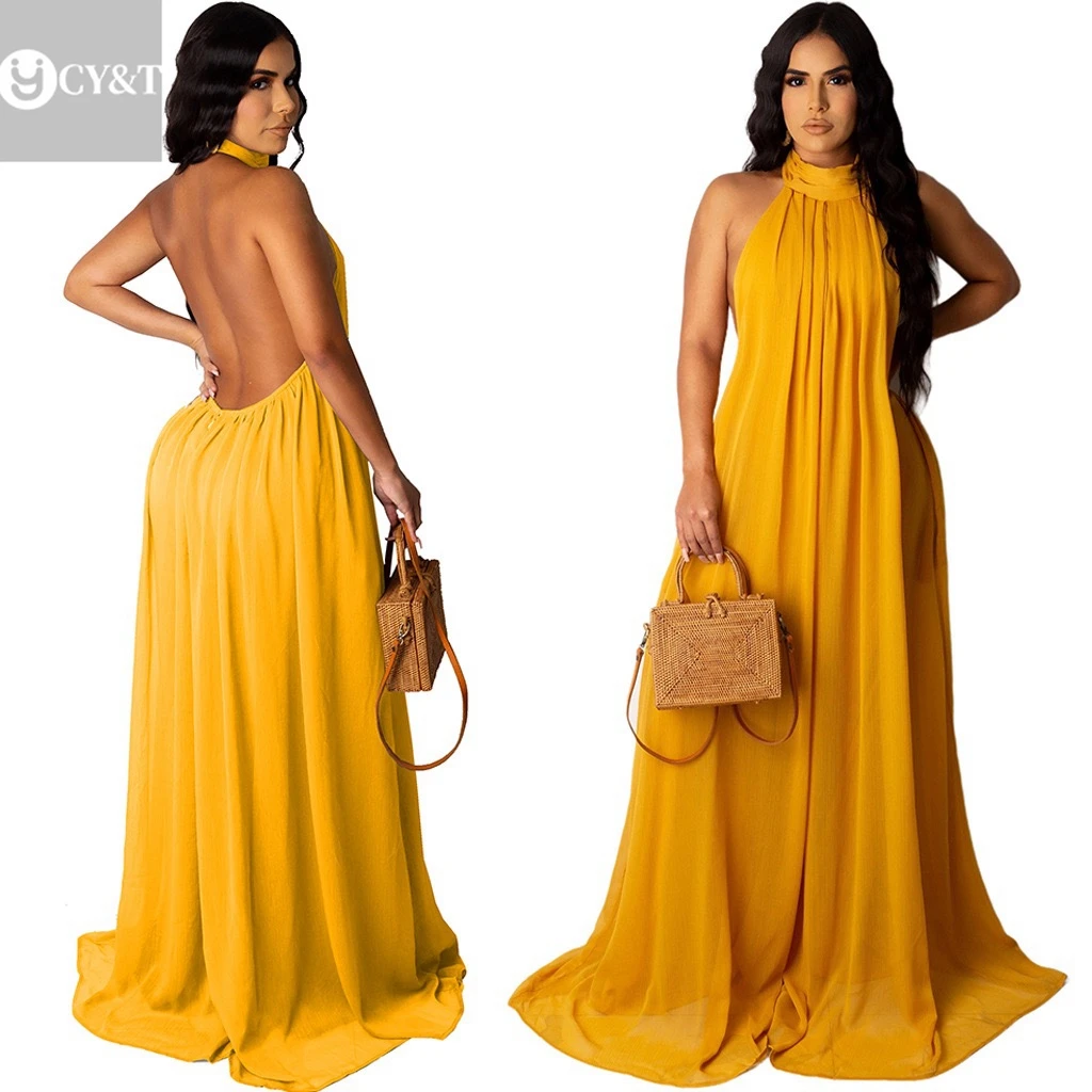 Casual Chiffon Sexy Solid Color Ruched Retro Chiffon O-neck Women Maxi Beach Elegant Dress Sleeveless Long Party Women Dresses