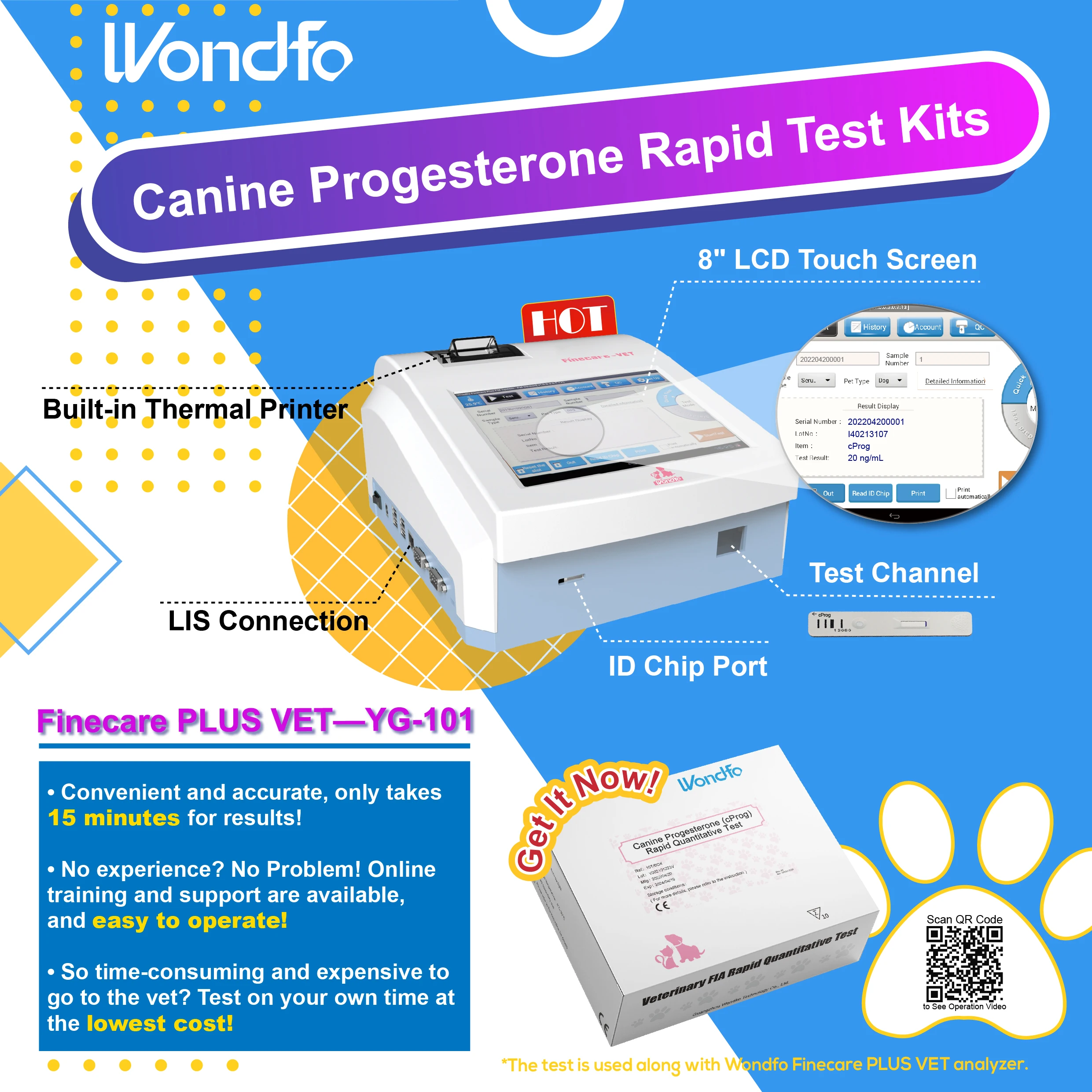 Wondfo High Accuracy Veterinary Finecare PLUS VET Canine Progesteron Rapid Quantitative Test Kits Strip Pet Clinic
