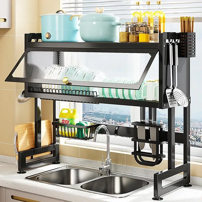 Over Sink Dish Drying Rack With Dust-Proof Cabinet Doors 2 Tier Large Storage Kitchen Drainer