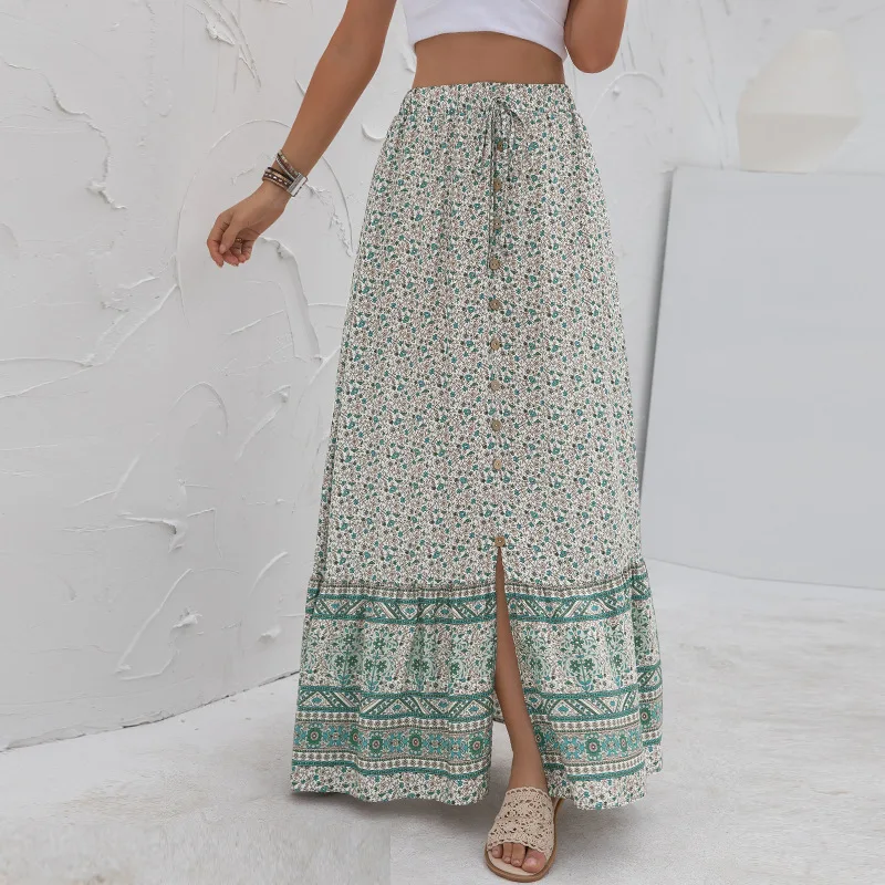 Women Summer High Waist Button Up Skirt Casual Long Maxi Skirts Asymmetrical Skirt