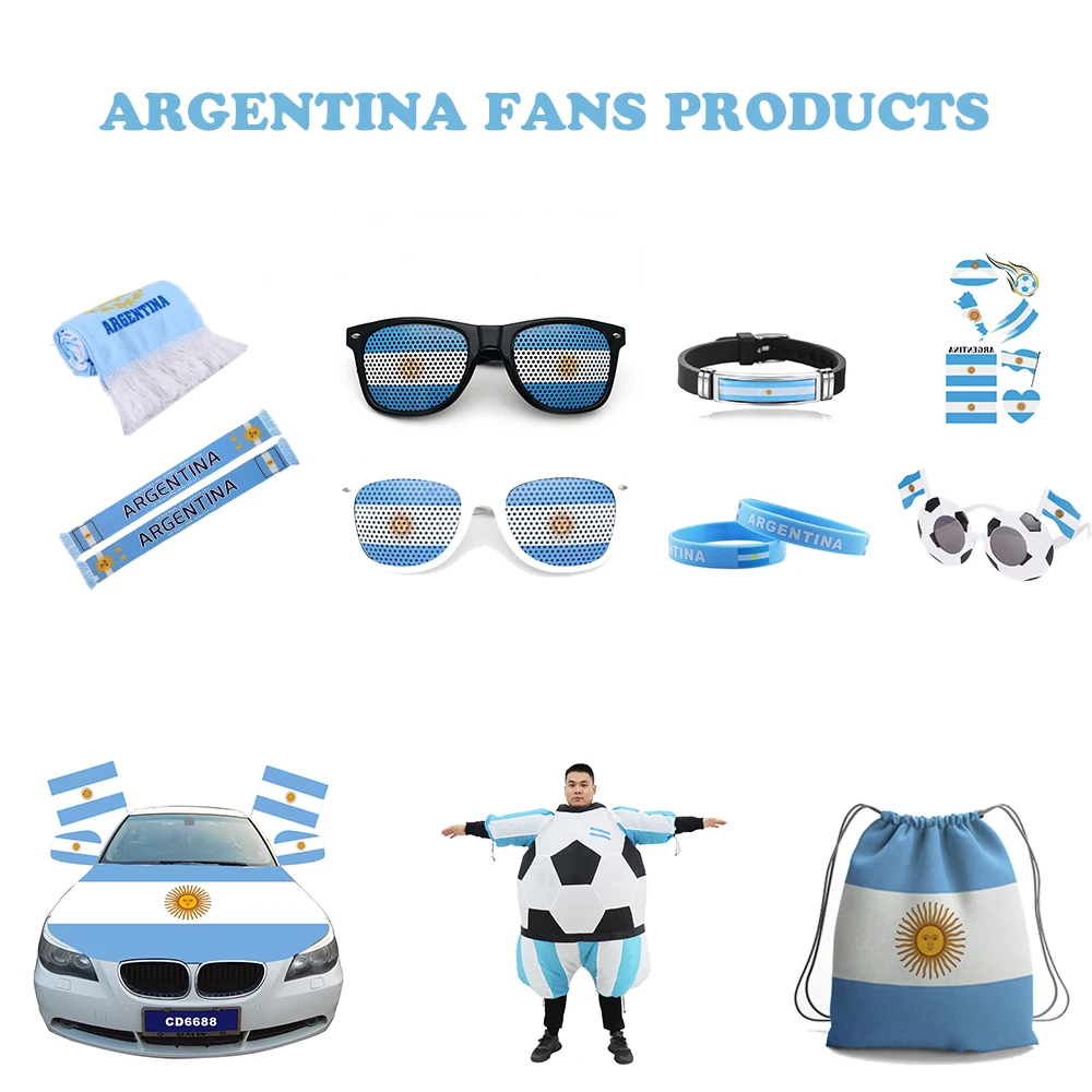 Flagnshow hot selling Argentina soccer fan products custom logo flags cap sunglasses mask for Argentina soccer football fans