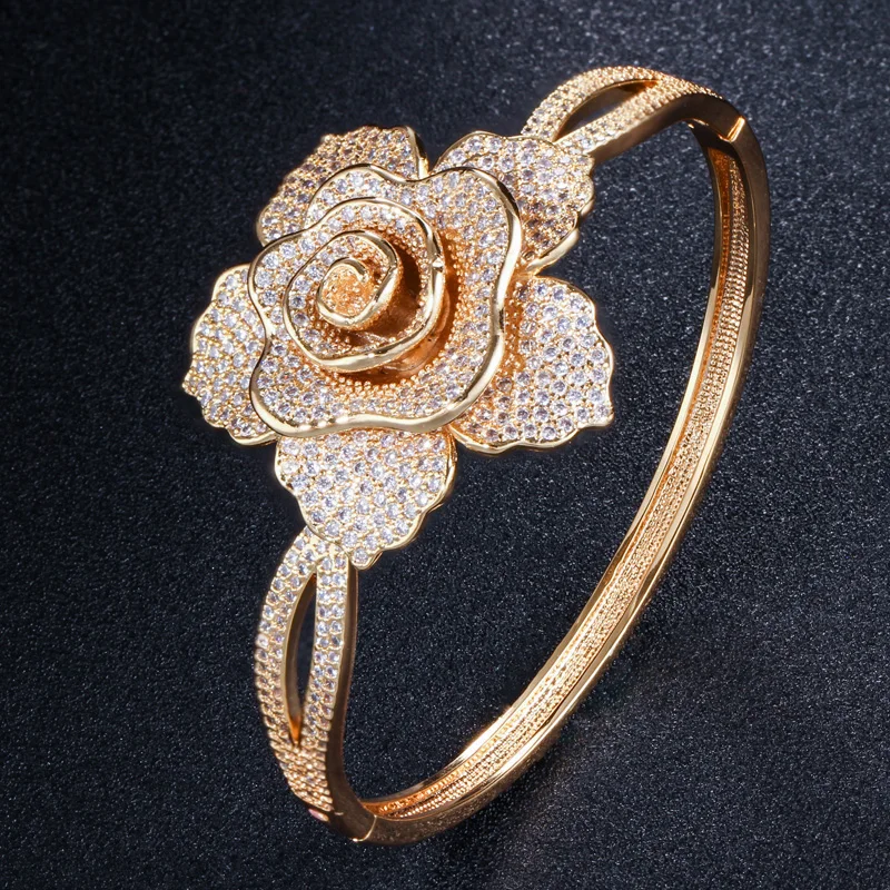 Cuff Style Full Pave Cubic Zircon Crystal Yellow Gold Color Big Geometric Rose Flower Bracelet Bangles Luxury Jewelry for Women