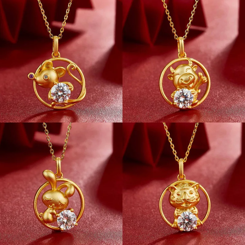 SINOCRE Latest Dog Lotus Pendant Gold TRENDY Pure Iced Out 18K Initial Necklace Twelve Zodiac Signs Animals
