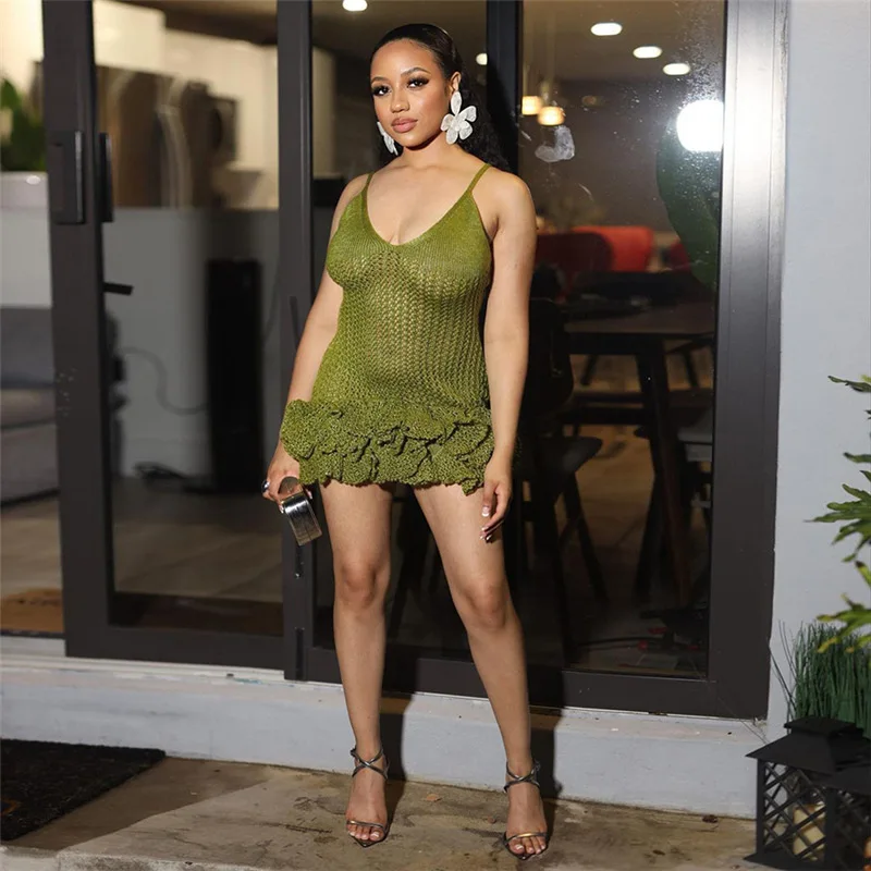 Solid Color V Neck Halter Elegant Knit Sleeveless Mini Stretch Sexy Bodycon Dress