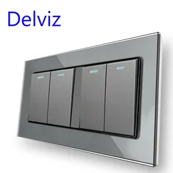 Delviz Toughened Crystal Glass Switch Panel, AC 110V~250V Square 16A Power controller, 4 Gang 2 Way Push Button Wall Lamp Switch