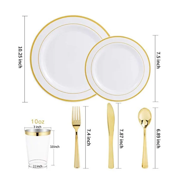 
Wholesale Wedding Dinner Gold Disposable Plastic Dish Plates Sets Dinnerware 
