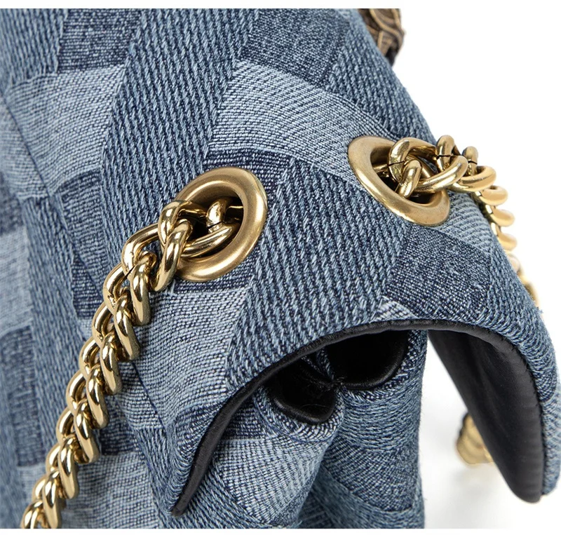New Style Women Metal Eagle Head Handbag Wash Denim in Weave Print Purse Jointing Cross Body Bag