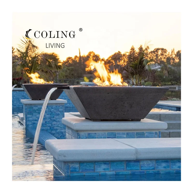 Concrete natural gas fire and water bowl pool water feature stainless steel water fire bowl for pool