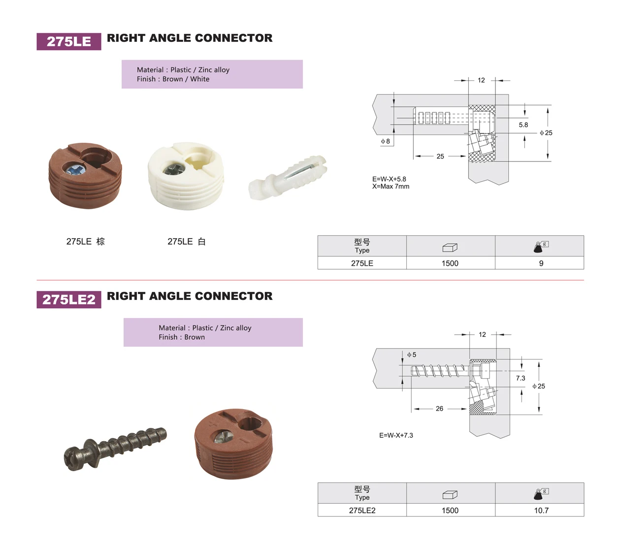 275LE2 furniture hardware right angle connector