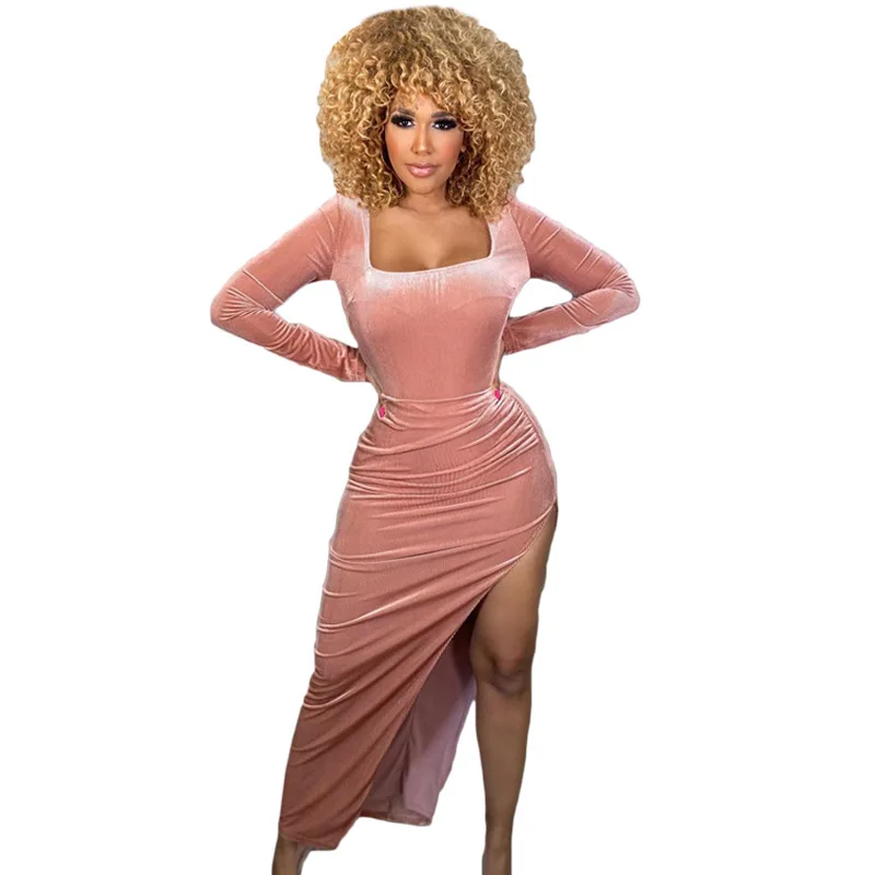 Feeling Fall Velvet Plus Size 2XL Office Lady Long Sleeve Square Collar Sexy Slit Pleated Casual Dresses