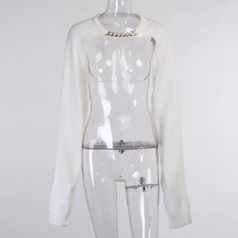 2021 New fashion Autumn Women chain long sleeve Knitted sexy short  stitch tops long sleeve crop tops