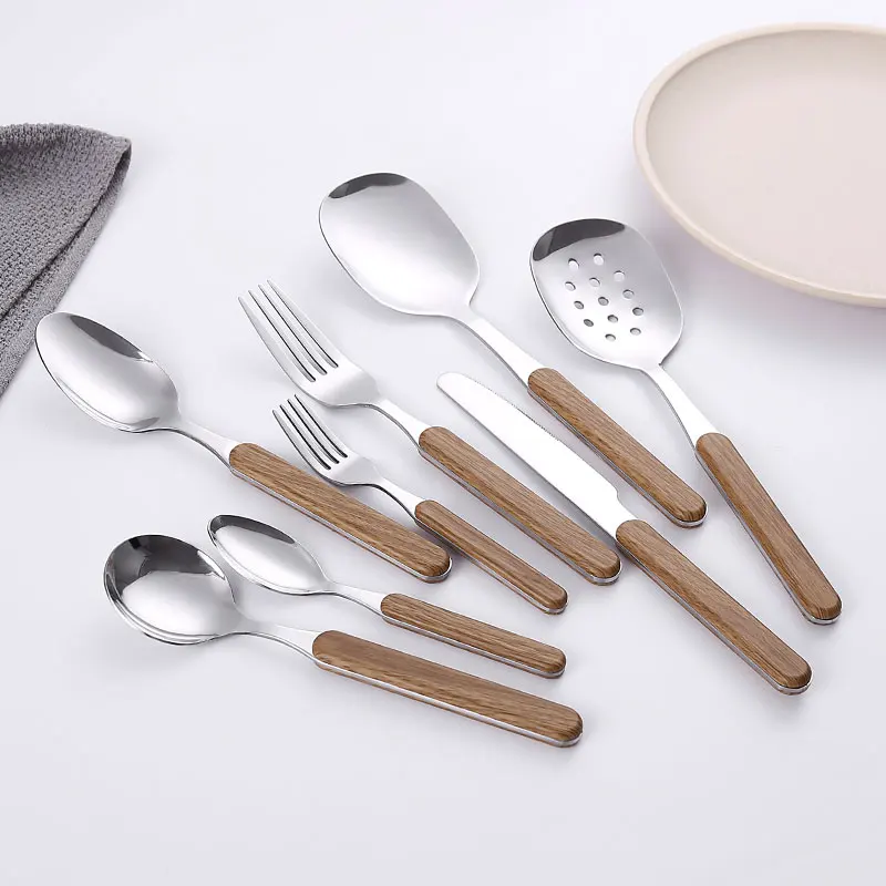 Wholesale Stainless Steel Knife Fork Spoon Set with Wooden Handle Home Kitchen Restaurant Food Grade Stainless Steel Cutlery