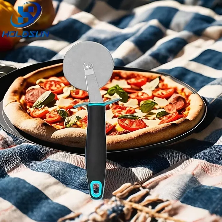 Custom Logo Food Safe Stainless Steel Manual Round Cake Pizza Food Cutter Rolling Wheel with Comfortable Rubber Handle