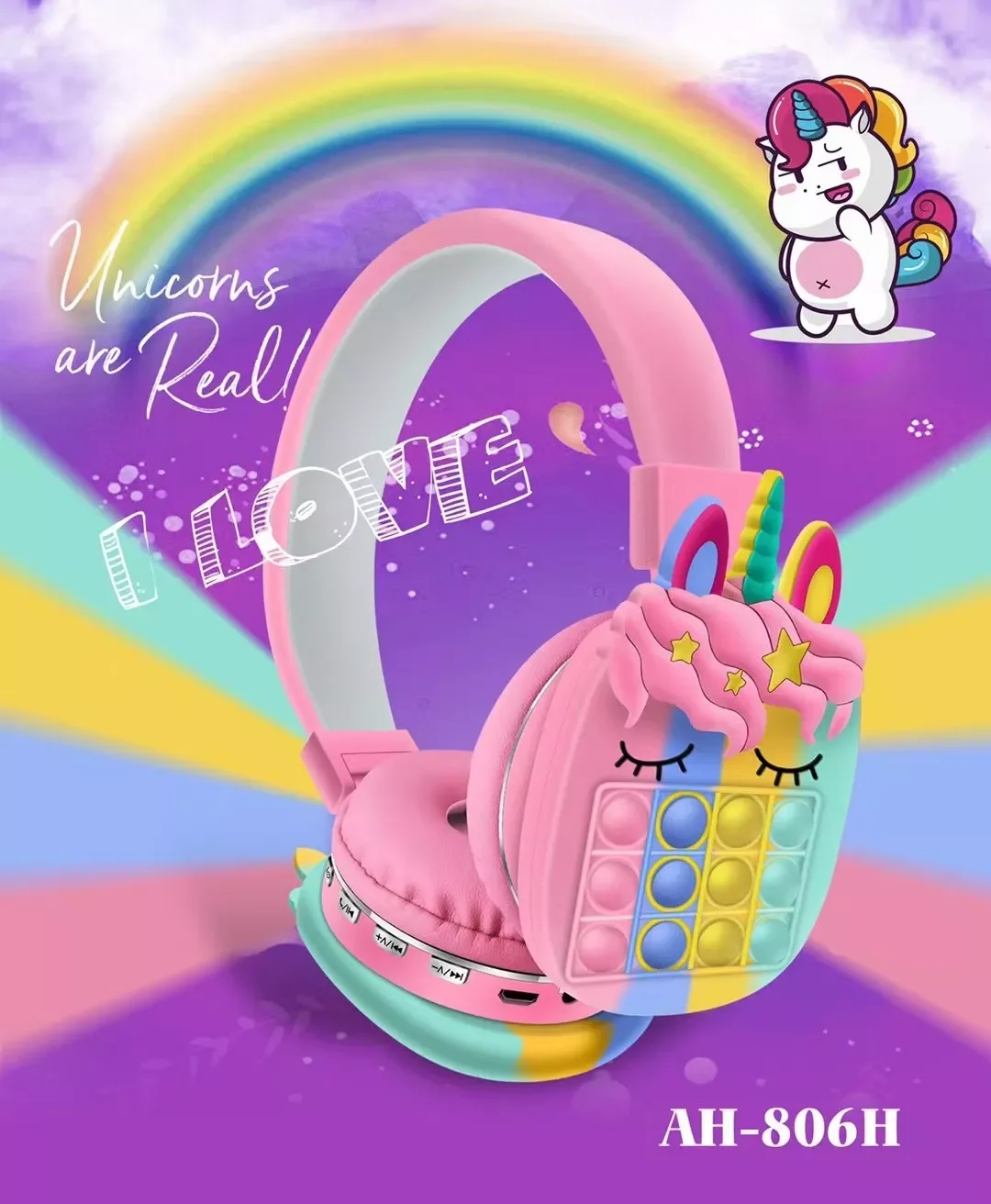 AH-806H Rainbow Bubble Foldable Wireless Stereo Unicorn Headphones Silicone Pop-Up Stress Relief Toy Headphones