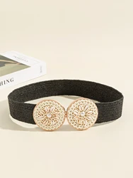 Straw Woven Elastic Stretch Waist Belt Women Skinny Dress Cinch Fashion Double Round Female Metal