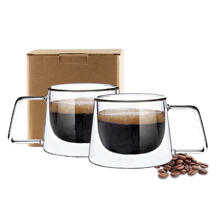 Wholesale BPA Free Double Wall Borosilicate Glass Coffee Tea Cup, Clear Reusable Insulated Glass Drinking Coffee Mug With Handle