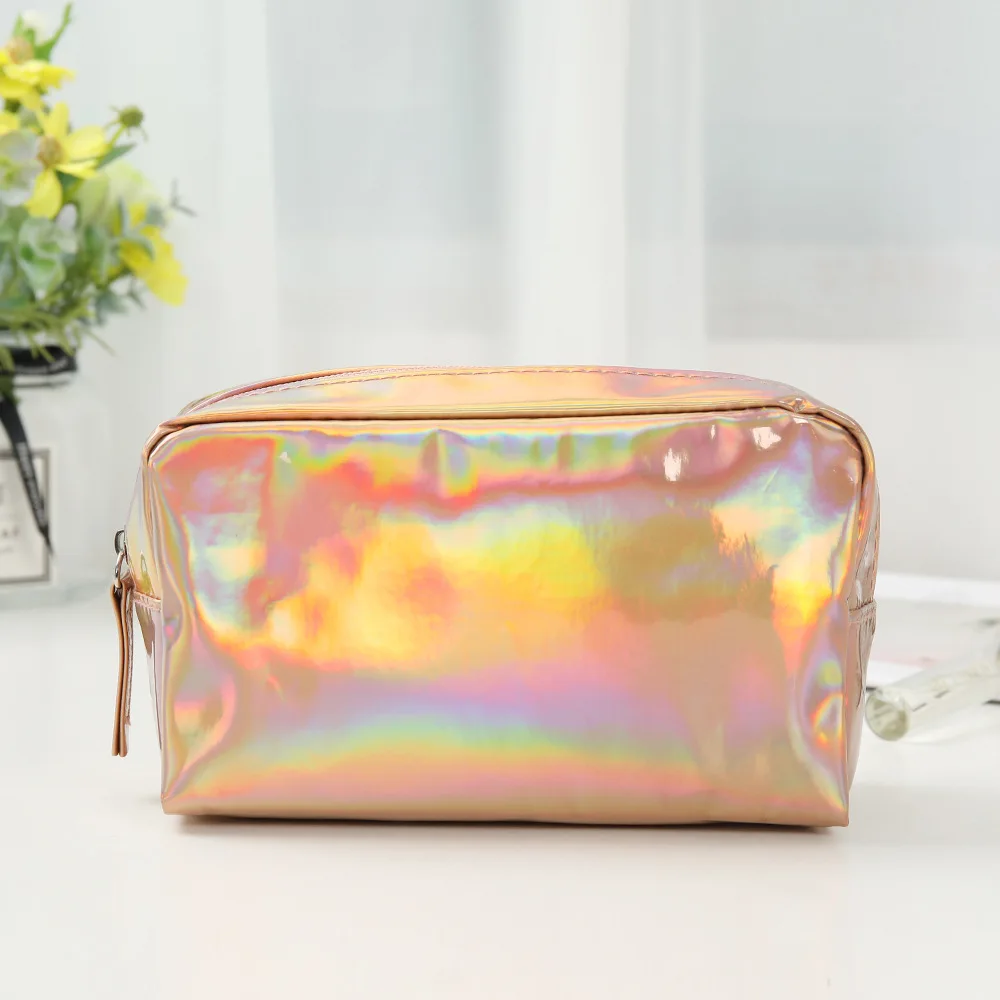 50 piece Customized Logo PU cosmetics bag waterproof holographic makeup bag silver case rose gold cosmetic pouch