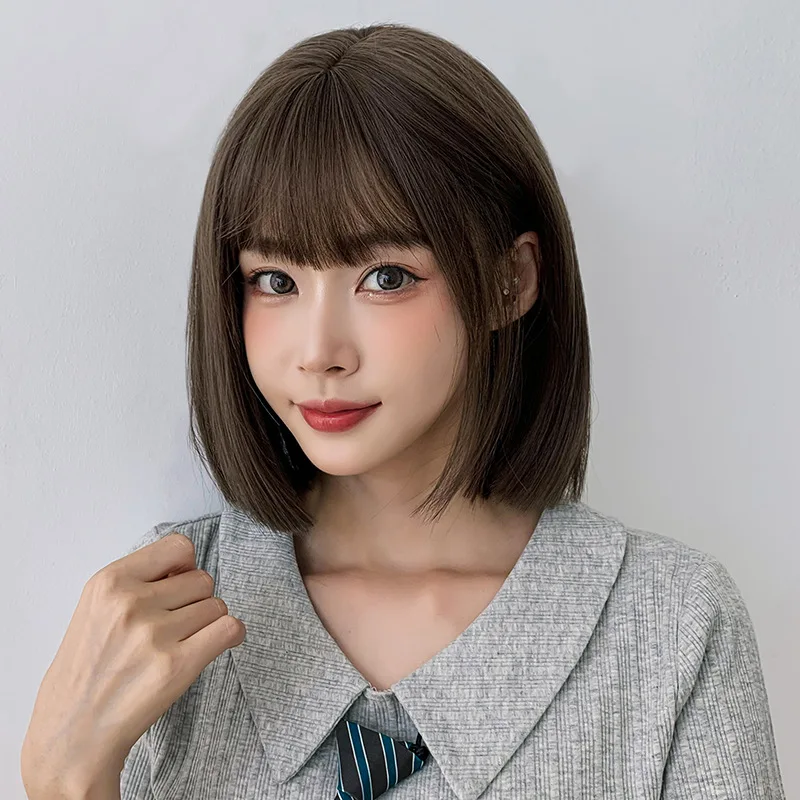 Ainizi Korean style cut 32cm short bob elegant fashion synthetic hair wigs with bangs for women
