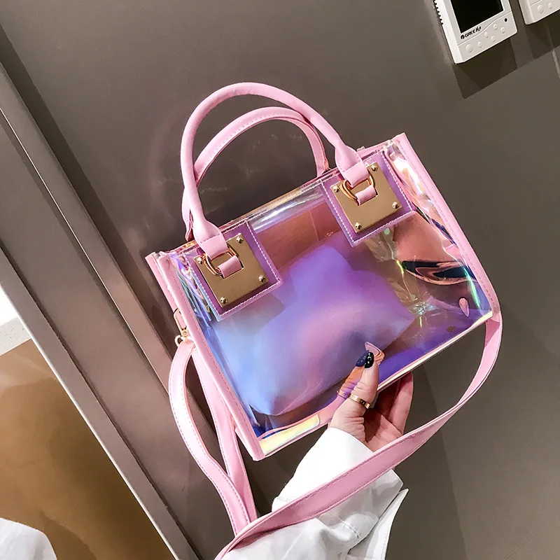 Women big capacity holographic waterproof transparent tote bag clear pvc jelly bags handbags
