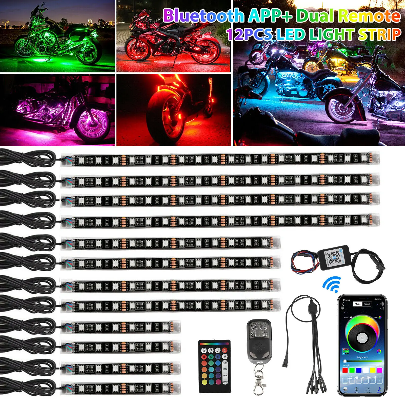 12PCS RGB Bluetooth 12V LED Light Accent Glow Neon Strip APP Control Kit Motorcycle Underglow Light