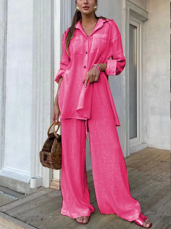 Custom two-piece women sets shirt long sleeve split blouse with wide leg trousers two-piece set