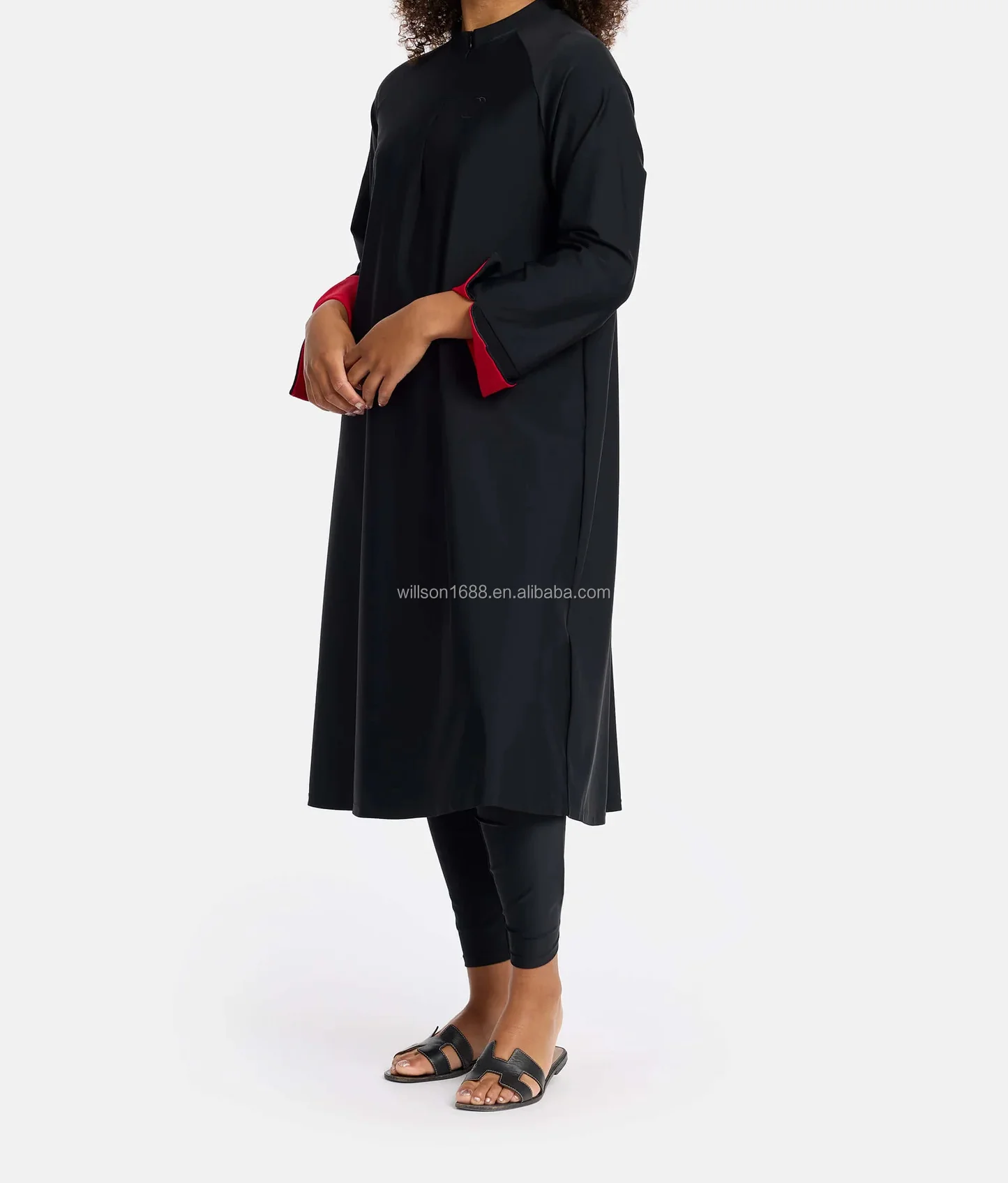 Chic A-Line Elegant Burkini Water-Resistant Fabric Long Tunic Open Arms With Contract Lining 3 Pieces Top+Legging+Turban&Hijab