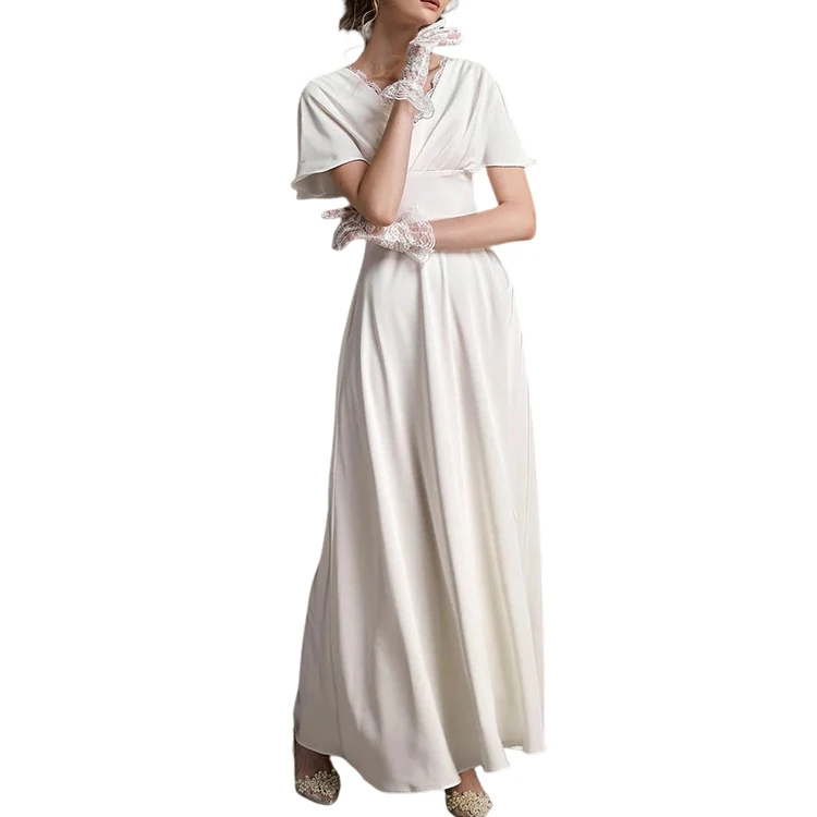 White Flutter Sleeve Lace-Up Satin Maxi elegant civil wedding dress satin wedding dress civil wedding dress