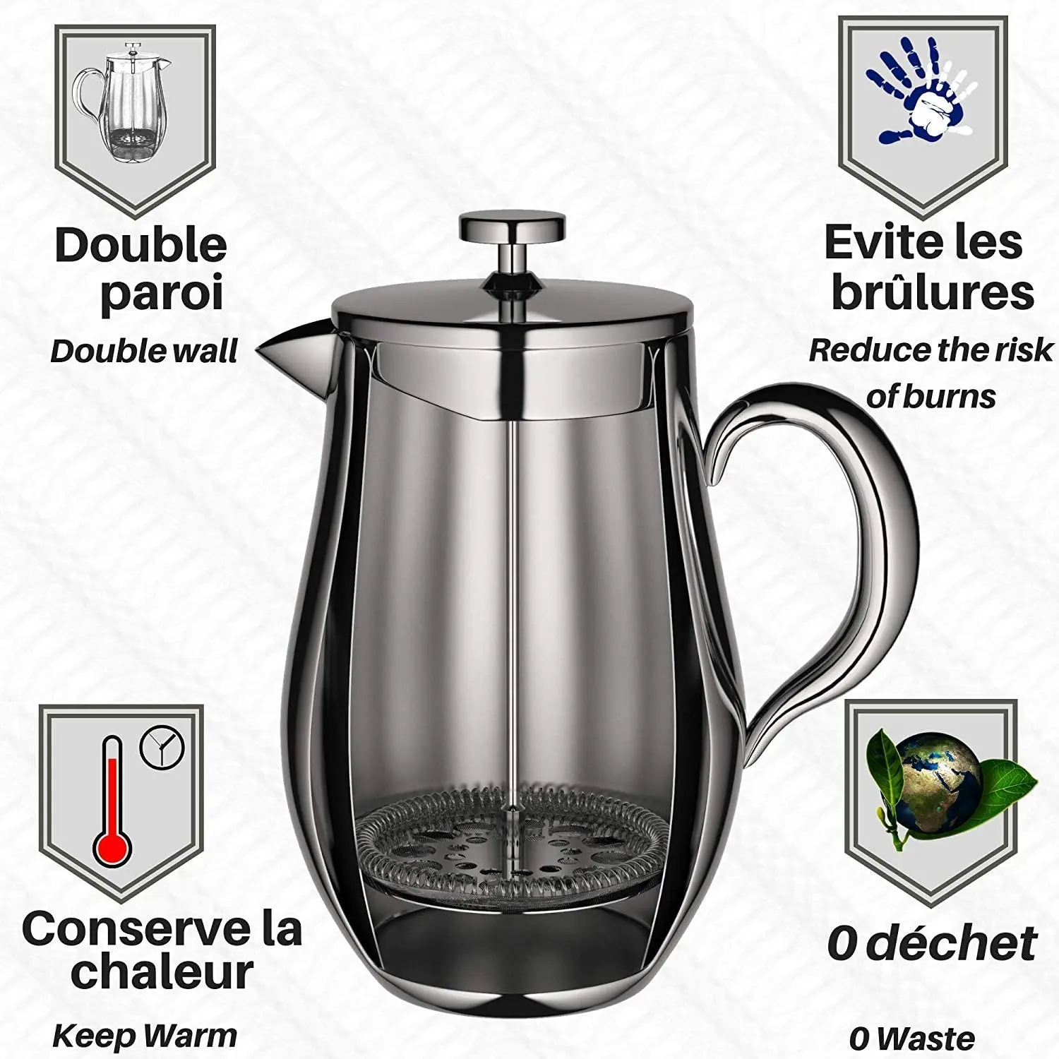 Stainless Steel French Press Cafetiere Double Wall Simple Manual Coffee Maker