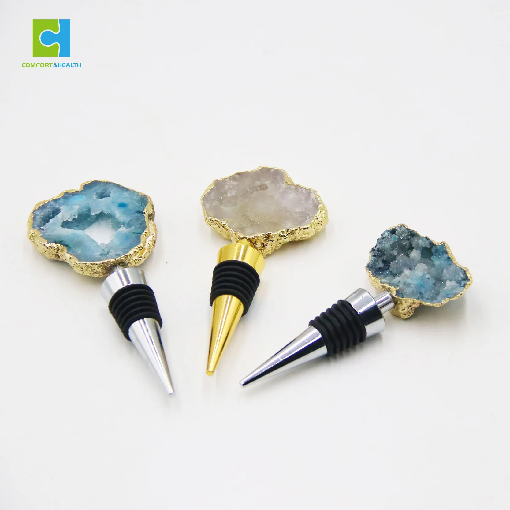 Crystal Wine Stoppers Custom business Logo natural crystal gemstone metal fancy wine vacuum stopper with gift box