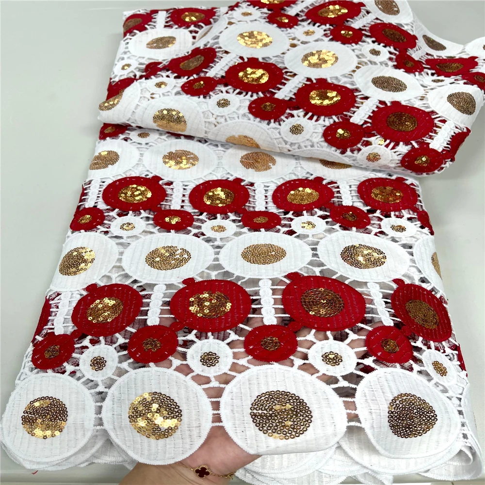 Good quality red and white guipure lace embroidery with stones 5 yards net lace big party
