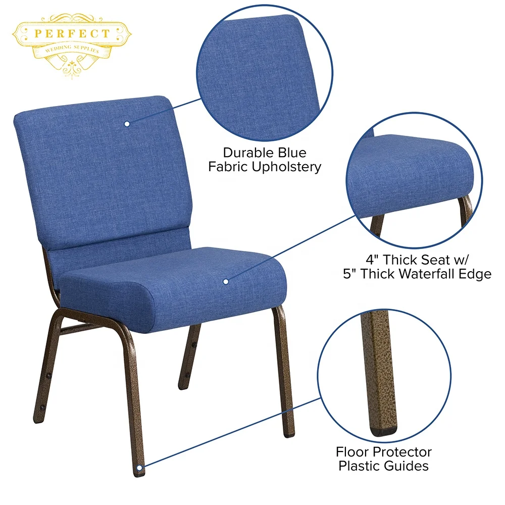 Modern Auditorium Cheap Blue Church Chairs Metal Frame Fabric Velvet Cover Church Chairs