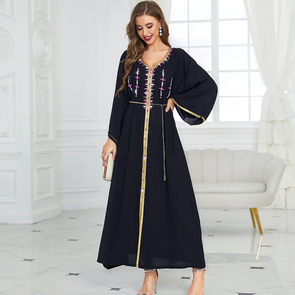 SIPO New Arrival EID Polyester Plain Abaya Women Muslim Islamic Clothing Dubai Black Hand Sewn Stones Casual Dresses Marocain