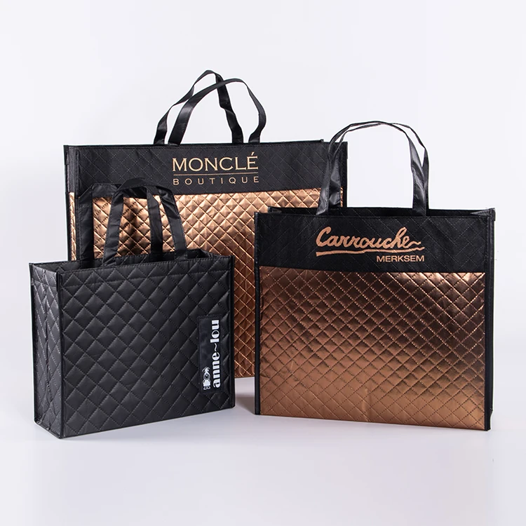 luxury black gold laser embossed laminated metallic non woven shopping tote bag gift bag